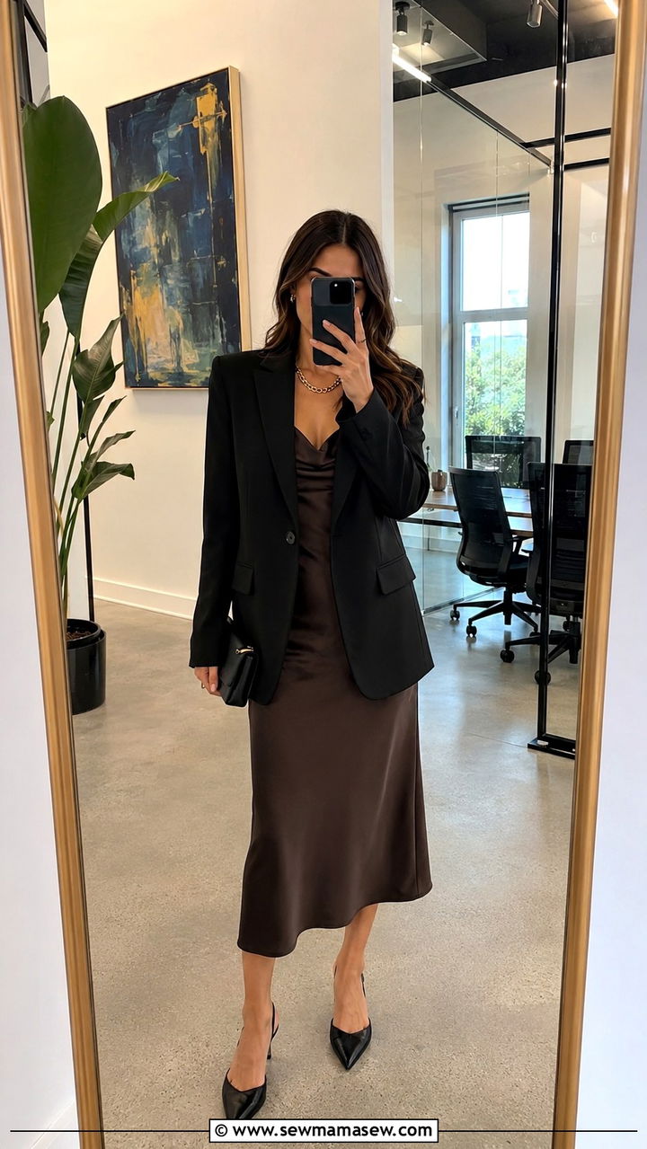 Petite office outfit with slip dress and structured blazer - 25 Petite work capsule wardrobe