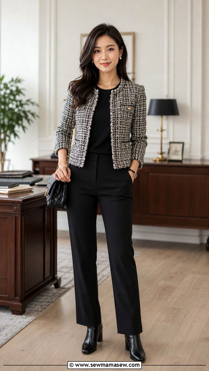 Petite office outfit with tweed jacket and ponte straight leg pants - 25 Petite work capsule wardrobe