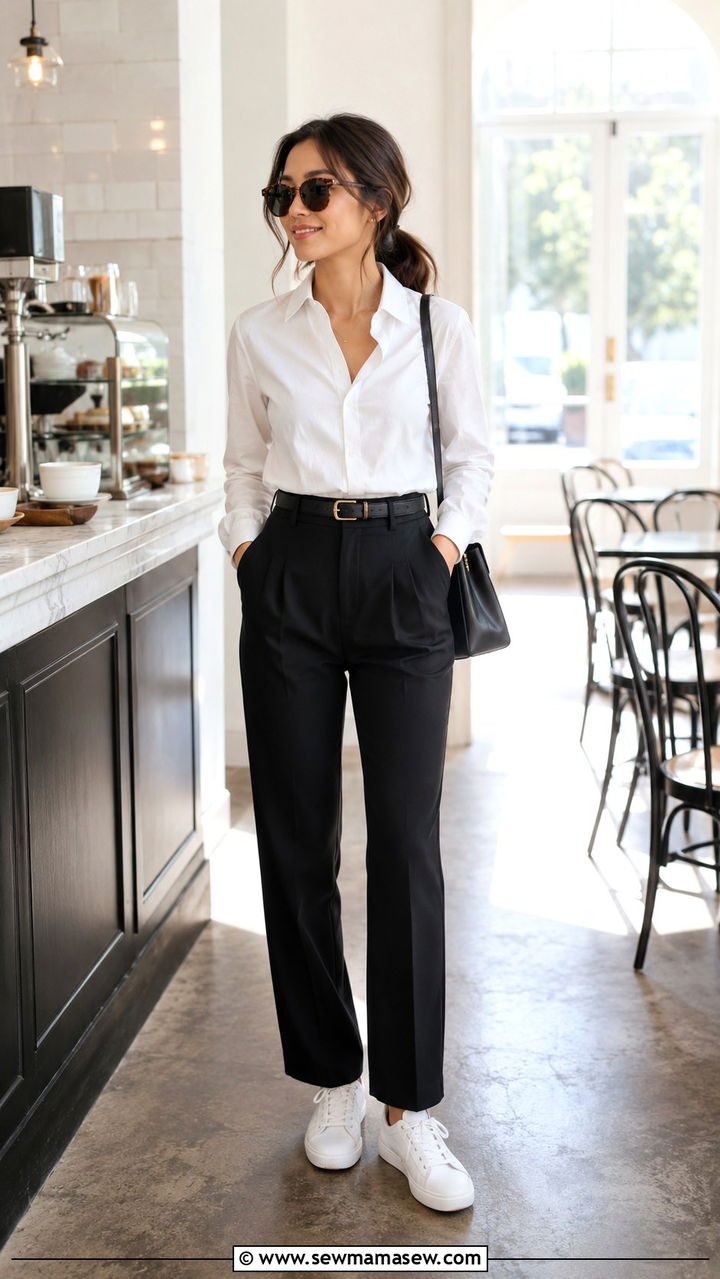 Petite outfit with sneakers and a white buttonup shirt - 25 Petite outfit ideas with sneakers