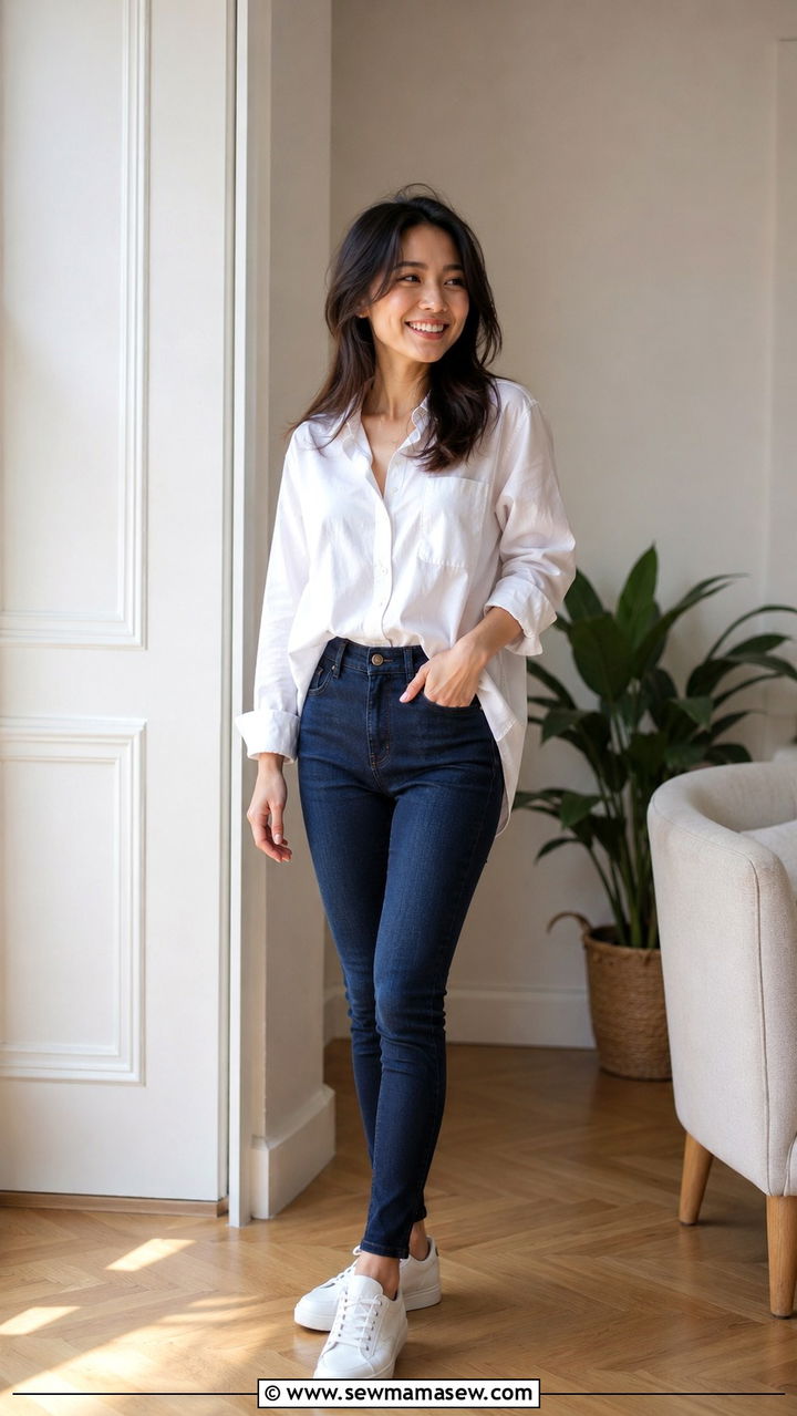 Petite oversized shirt with slim jeans and sneakers outfit - 25 Petite jeans outfit ideas with sneakers
