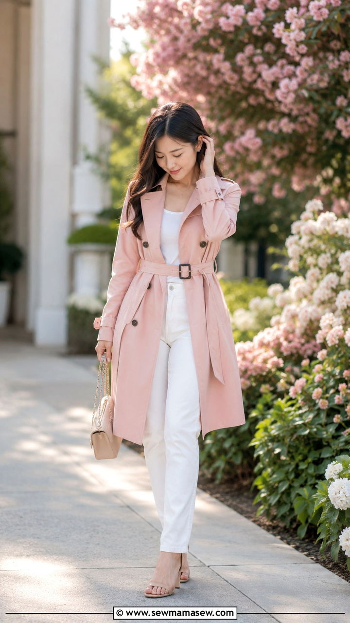 Petite pastel trench coat with white jeans and nude heeled sandals - 25 Petite outfit ideas with trench coat