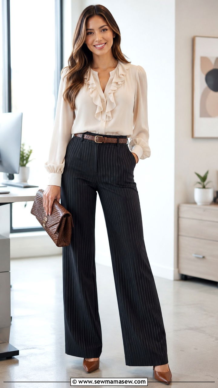Petite pinstripe wide leg pants with ruffled blouse - 30 Petite work outfits