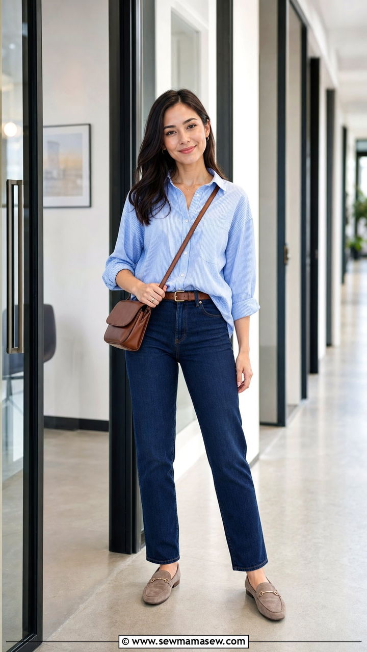 Petite pinstriped shirt with dark wash jeans - 35 Business casual outfits for petite women
