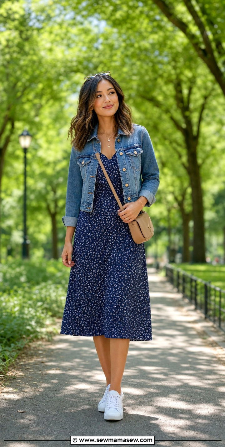 Petite printed midi dress with cropped denim jacket - 35 Business casual outfits for petite women