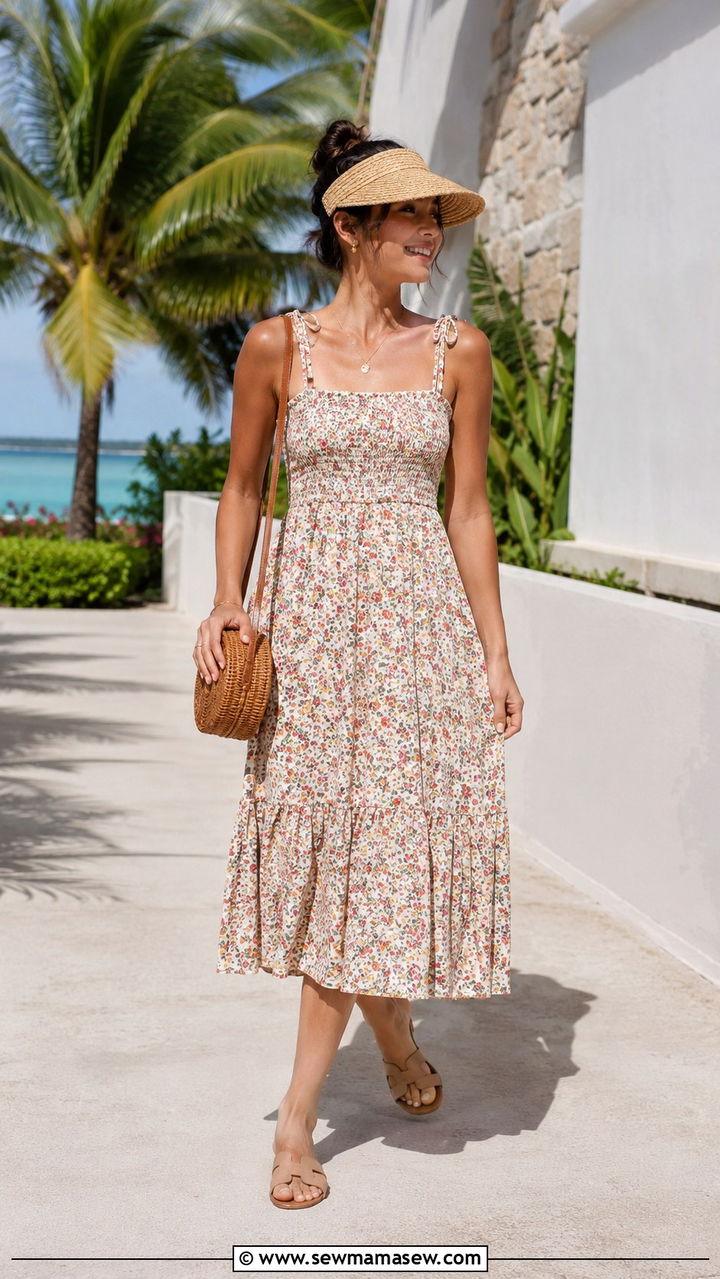 Petite printed sundress with skin tone sandals - 25 Petite outfit ideas for vacation