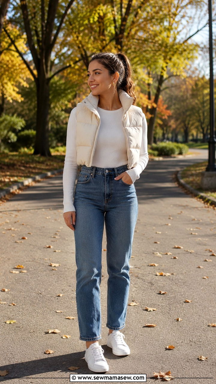 Petite puffer vest and jeans with sneakers outfit - 25 Petite jeans outfit ideas with sneakers