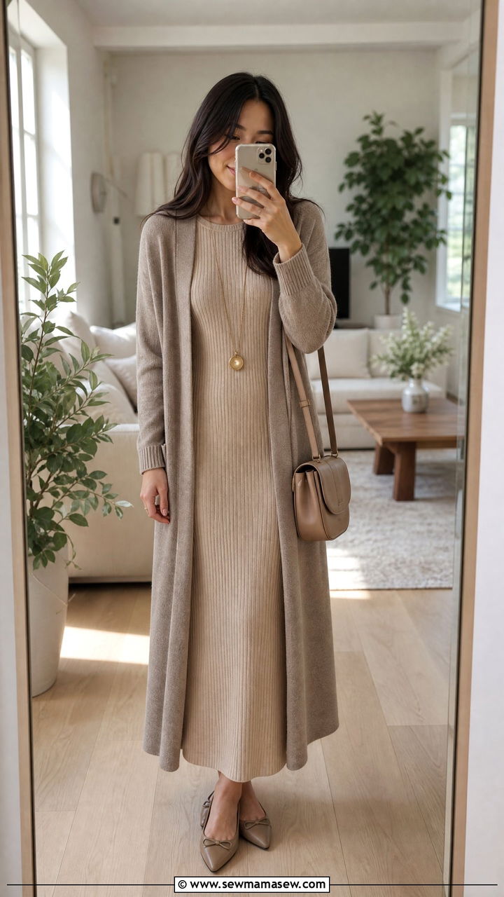 Petite ribbed maxi dress with long cardigan and ballet flats - 25 Petite outfit ideas with maxi dress