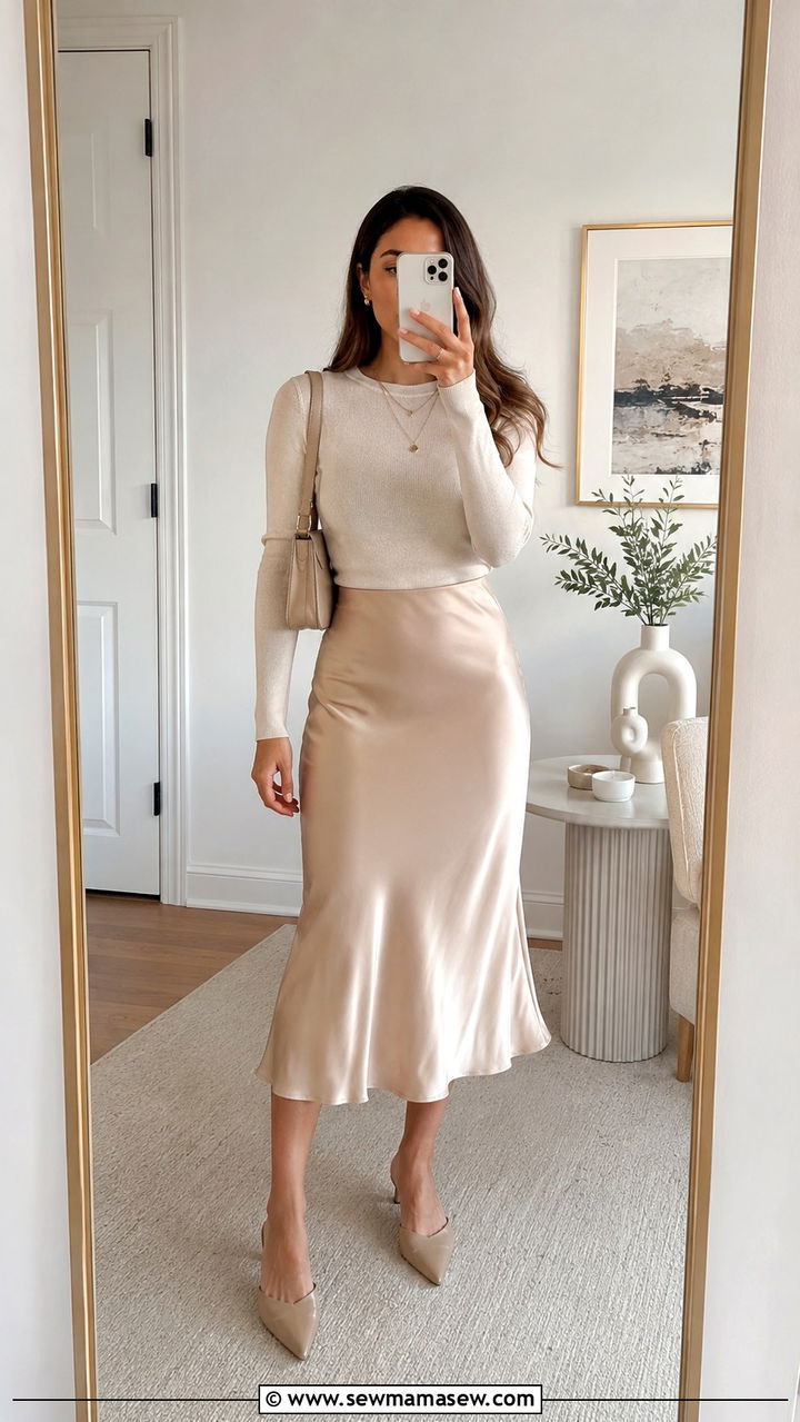 Petite silk midi skirt with fine gauge knit top - 30 Petite work outfits