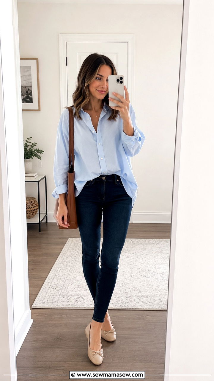 Petite skinny jeans with button down shirt and ballet flats - 25 Petite outfit ideas with skinny jeans