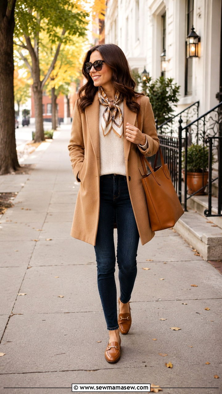 Petite skinny jeans with camel coat and loafers - 25 Petite outfit ideas with skinny jeans