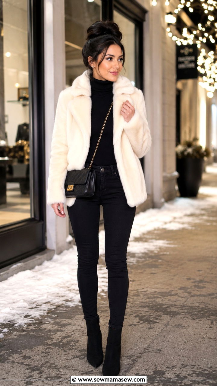 Petite skinny jeans with faux fur coat and black booties - 25 Petite outfit ideas with skinny jeans