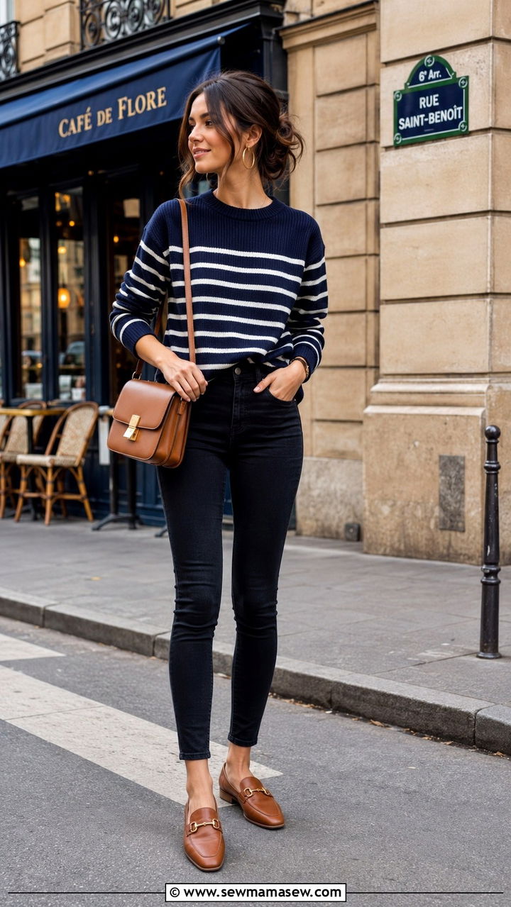 Petite skinny jeans with striped sweater and loafers - 25 Petite outfit ideas with skinny jeans