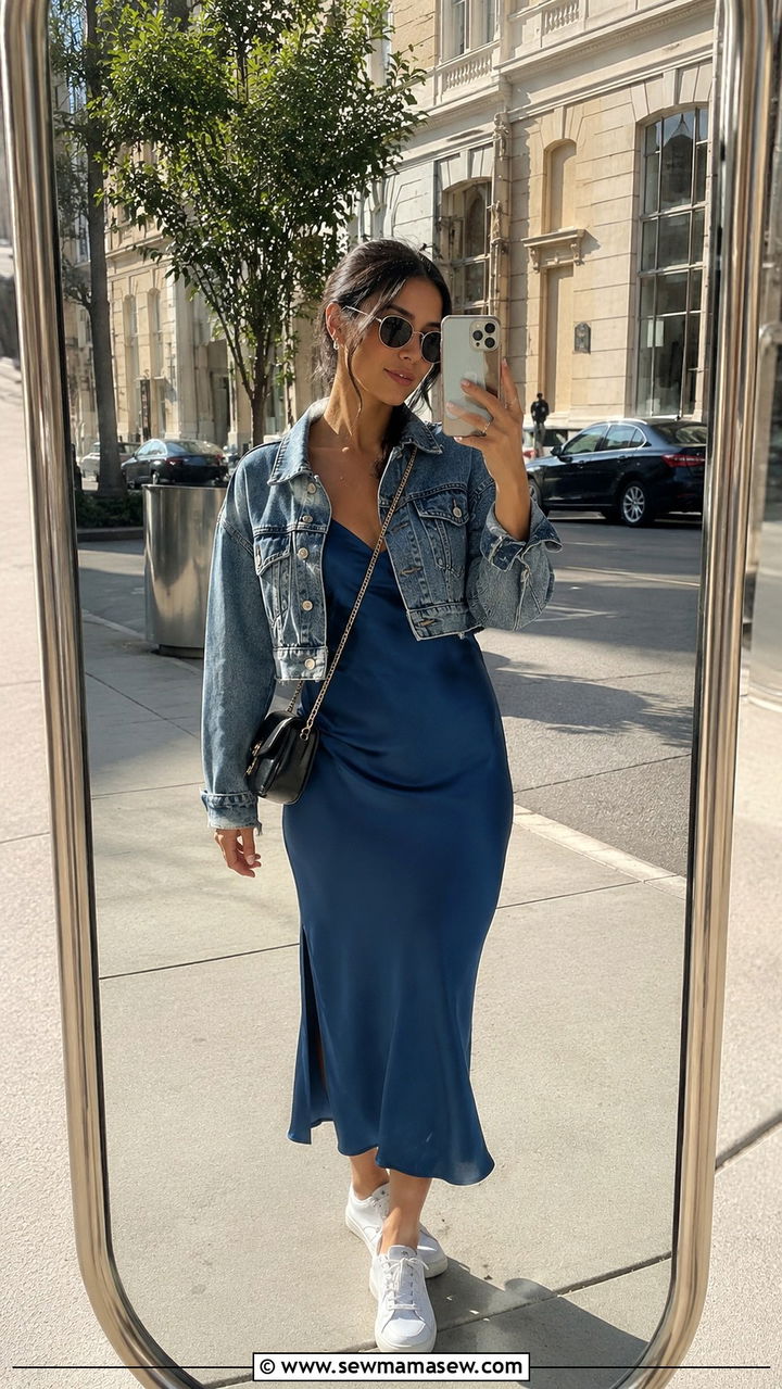 Petite slip dress and denim jacket travel outfit - 25 Petite outfit ideas for travel