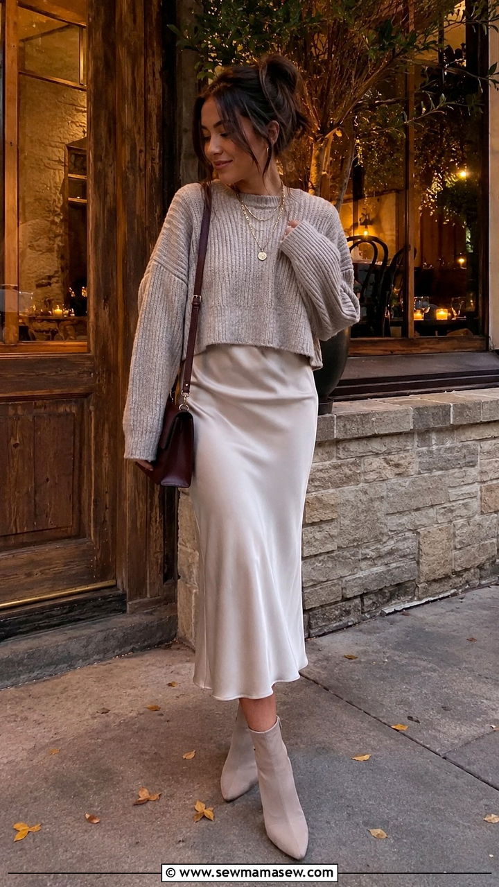 Petite slip midi dress with chunky knit sweater - 25 Midi dress petite outfit ideas