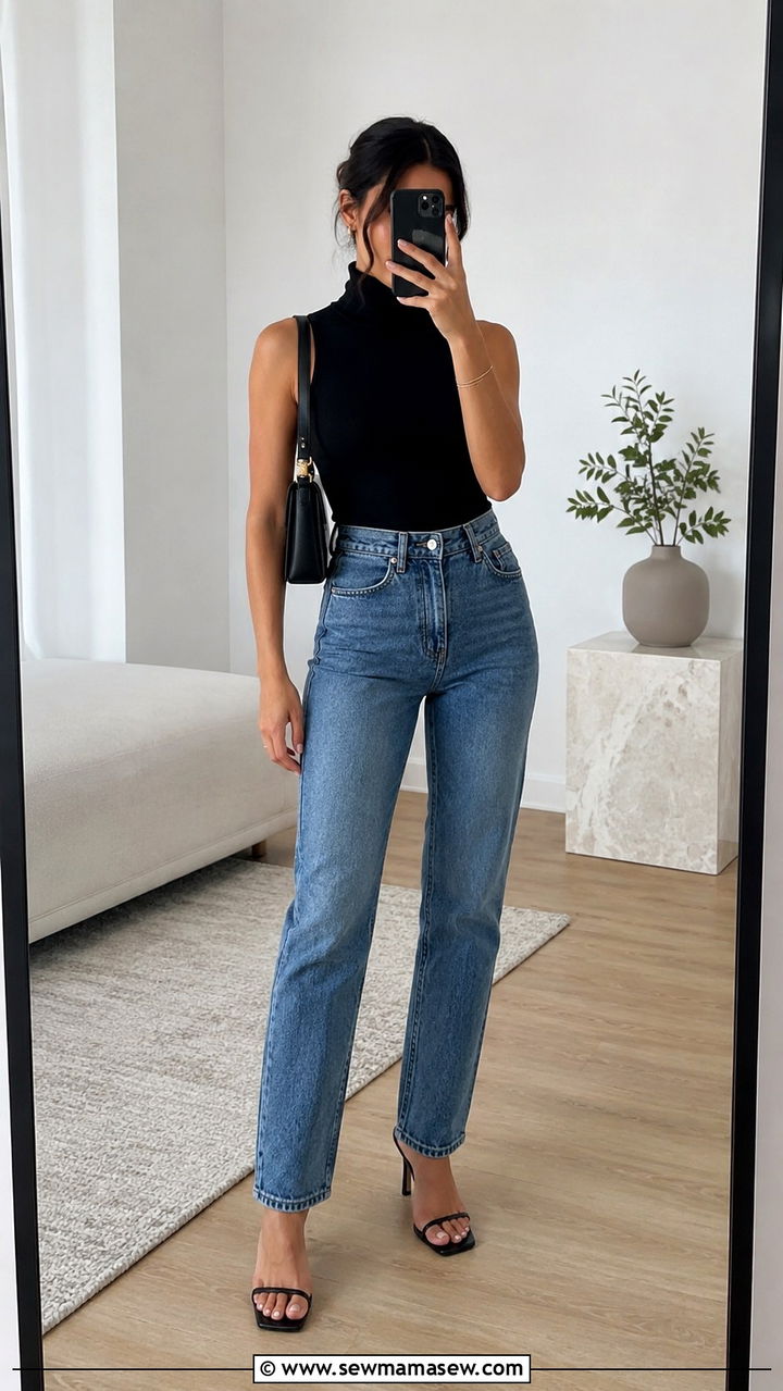 Petite straight leg jeans with sleeveless turtleneck - 30 Petite jeans outfit ideas