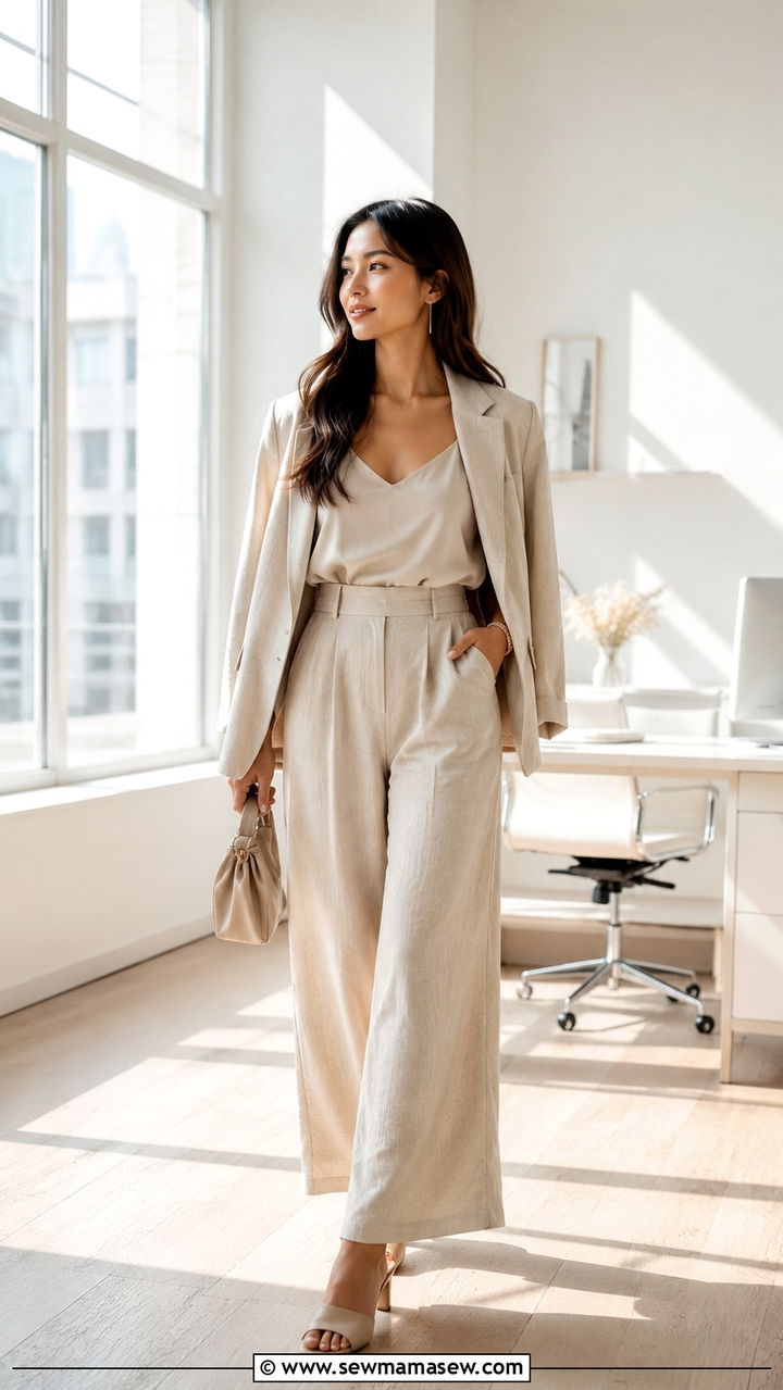 Petite summer office outfit with silk camisole and wide leg linen pants - 25 Petite work capsule wardrobe