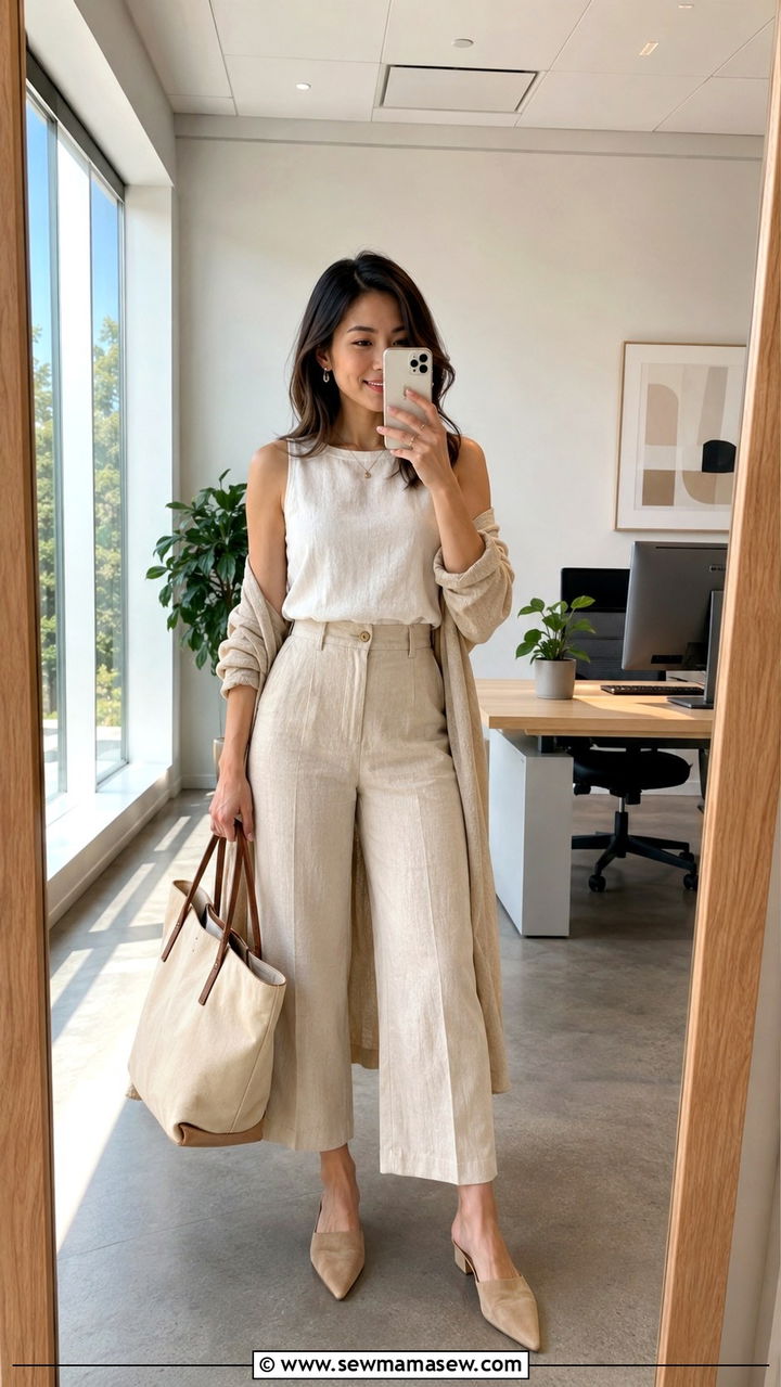 Petite summer office outfit with sleeveless shell and ankle crop wide leg pants - 25 Petite work capsule wardrobe