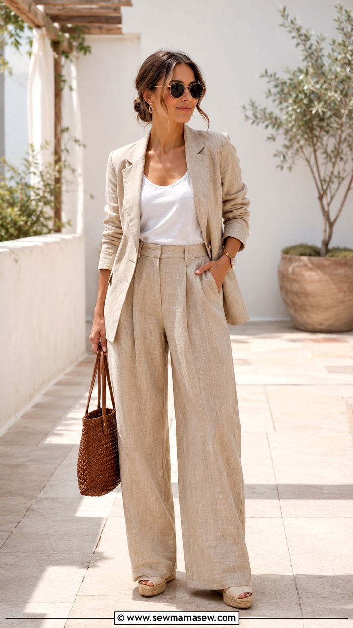 Petite summer work outfit with linen blazer and matching wide leg linen trousers - 25 Petite work capsule wardrobe