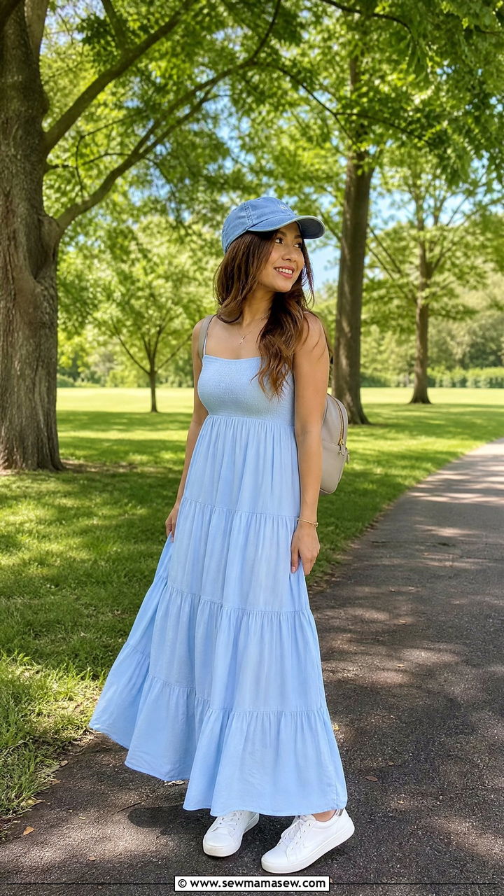 Petite tiered maxi dress with white sneakers - 25 Petite outfit ideas with maxi dress
