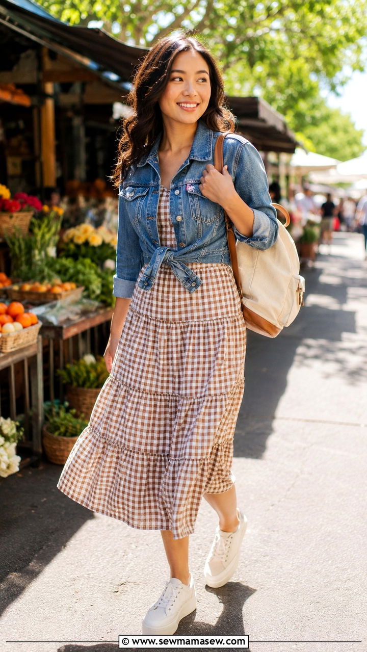 Petite tiered midi dress with platform sneakers - 25 Petite outfit ideas for travel