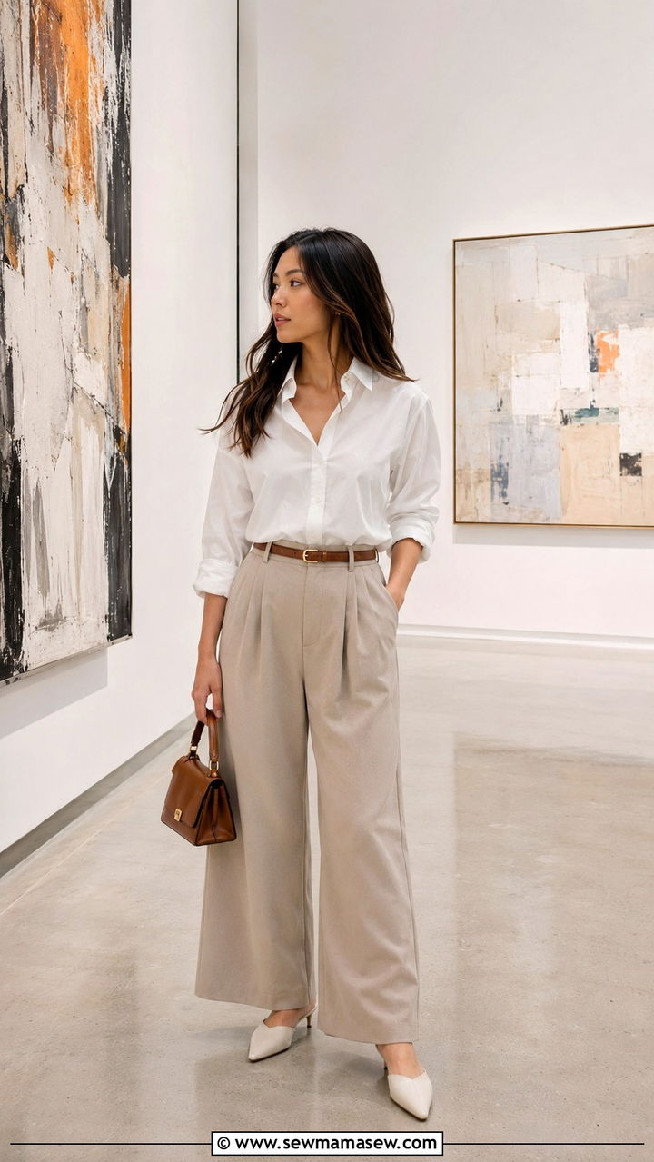 Petite travel outfit with button up and wide leg trousers - 25 Petite travel capsule wardrobe