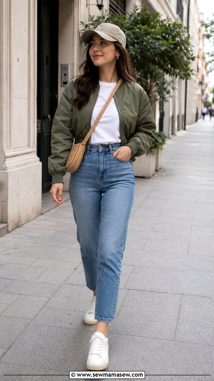 Petite travel outfit with cropped jacket and high waist jeans - 25 Petite travel capsule wardrobe