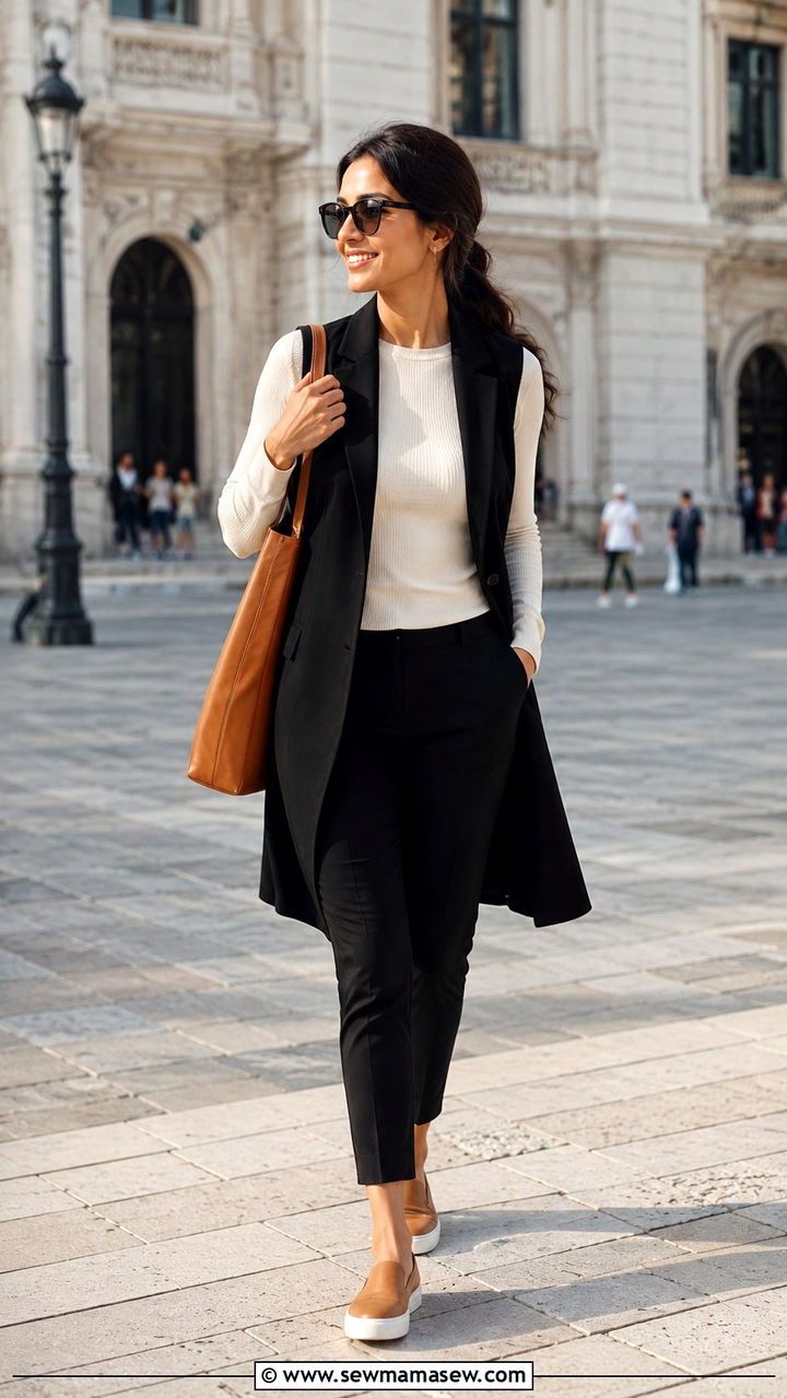 Petite travel outfit with longline vest and slim trousers - 25 Petite travel capsule wardrobe