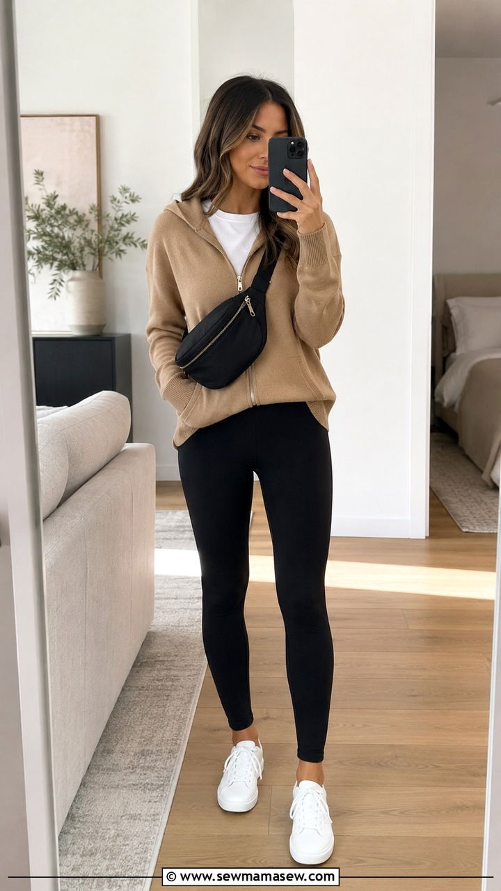 Petite travel outfit with ponte leggings and cashmere zip up - 25 Petite travel capsule wardrobe