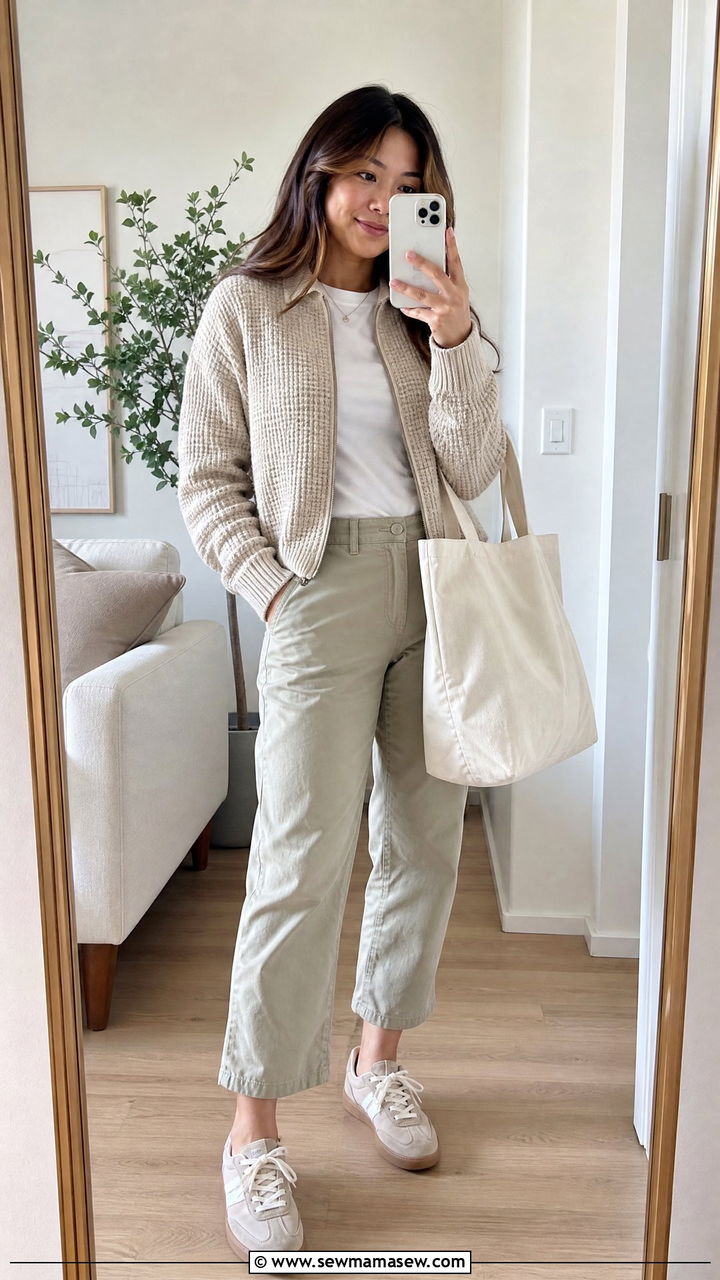 Petite travel outfit with sweater jacket and casual pants - 25 Petite travel capsule wardrobe