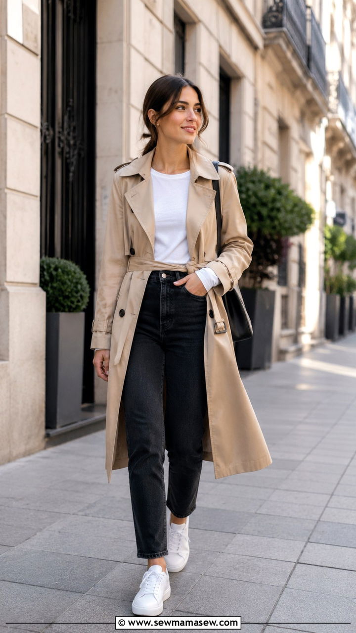 Petite trench coat and jeans with sneakers outfit - 25 Petite jeans outfit ideas with sneakers