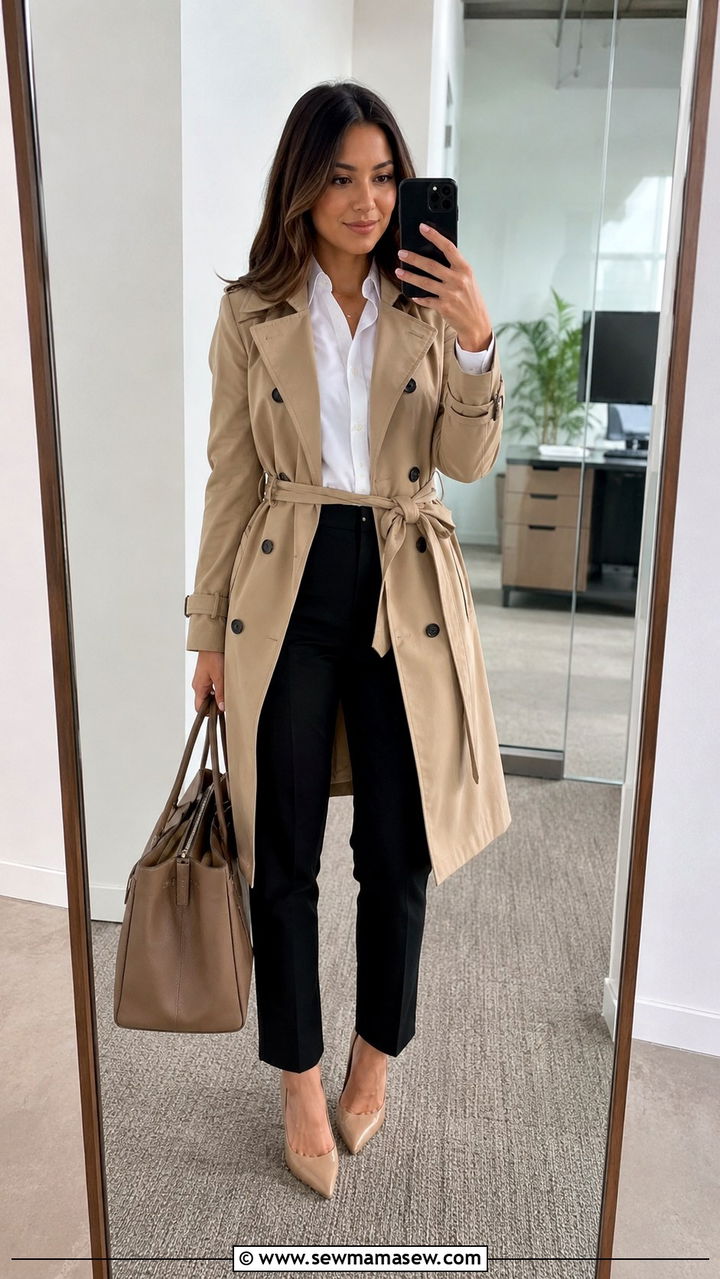 Petite trench coat with button down shirt and tailored office trousers - 25 Petite outfit ideas with trench coat