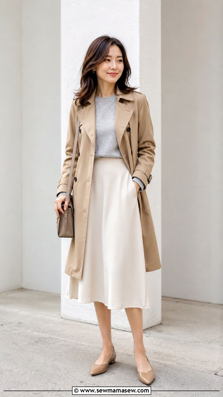 Petite trench coat with cashmere sweater and midi skirt - 25 Petite outfit ideas with trench coat