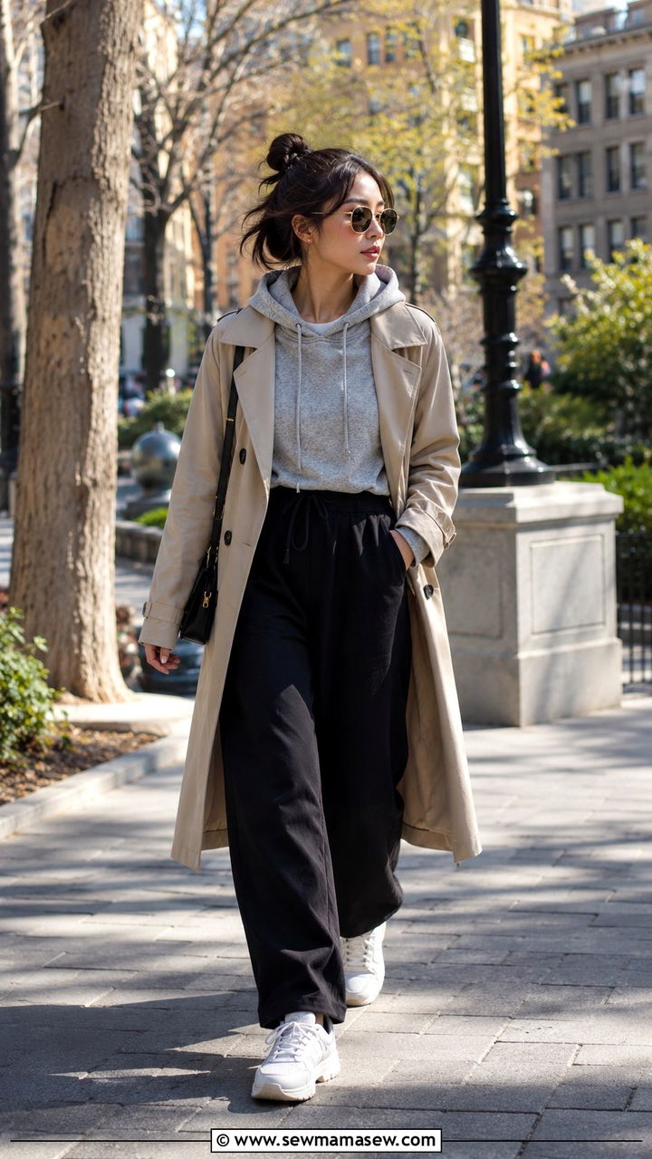 Petite trench coat with hoodie and sneakers for casual days - 25 Petite outfit ideas with trench coat