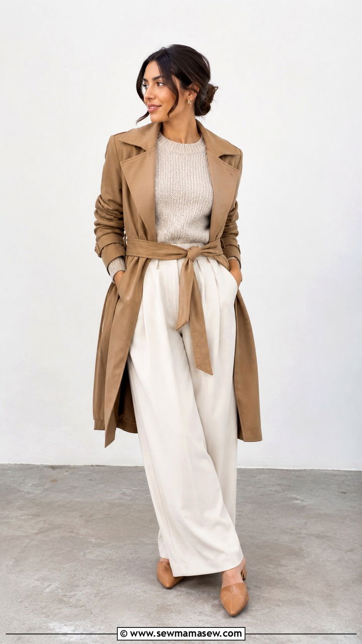 Petite trench coat with knit sweater and wide leg trousers - 25 Petite outfit ideas with trench coat