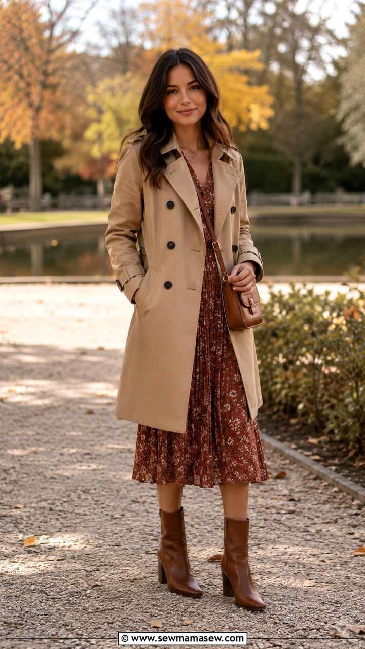 Petite trench coat with midi dress and heeled boots - 25 Petite outfit ideas with trench coat