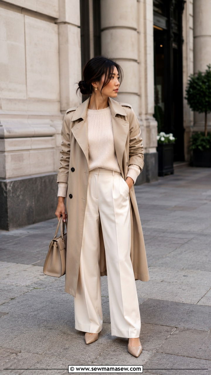 Petite trench coat with monochrome neutral outfit - 25 Petite outfit ideas with trench coat