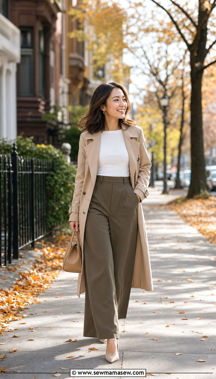 Petite trench coat with olive wide leg pants - 35 Business casual outfits for petite women