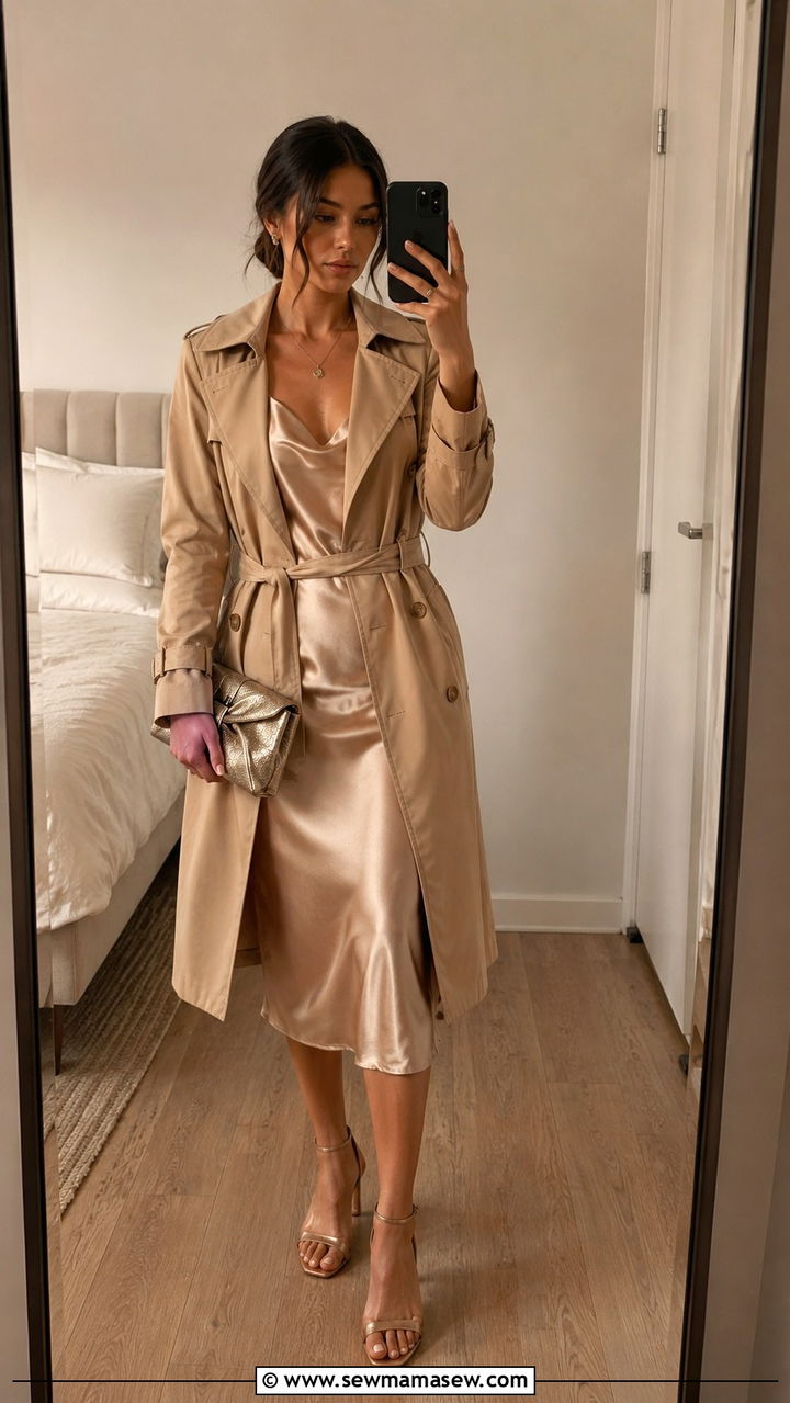 Petite trench coat with slip dress and strappy heels - 25 Petite outfit ideas with trench coat