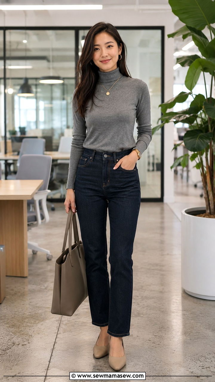 Petite turtleneck with straight leg jeans for casual days - 30 Petite work outfits