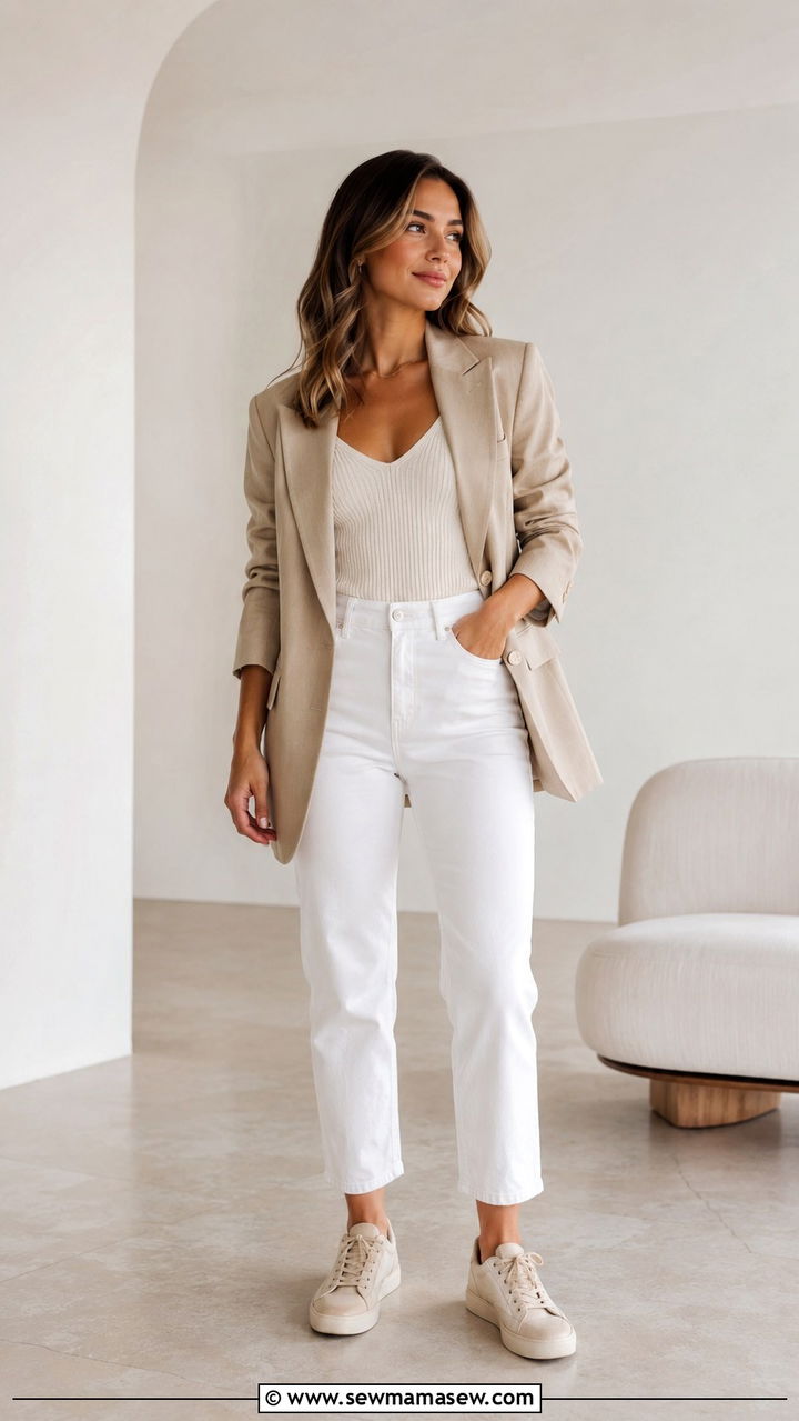 Petite white jeans with neutral sneakers outfit - 25 Petite jeans outfit ideas with sneakers