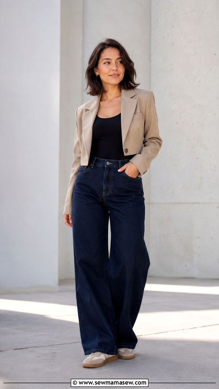 Petite wide leg jeans with sleek sneakers outfit - 25 Petite jeans outfit ideas with sneakers