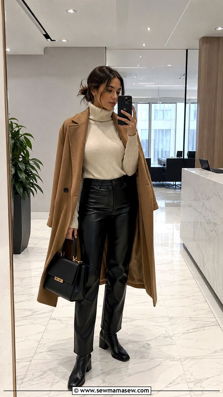 Petite winter office outfit with ribbed turtleneck and leather look straight pants - 25 Petite work capsule wardrobe