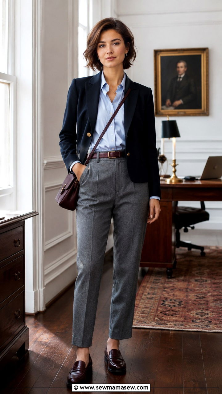 Petite work outfit with navy blazer and gray flannel trousers - 25 Petite work capsule wardrobe