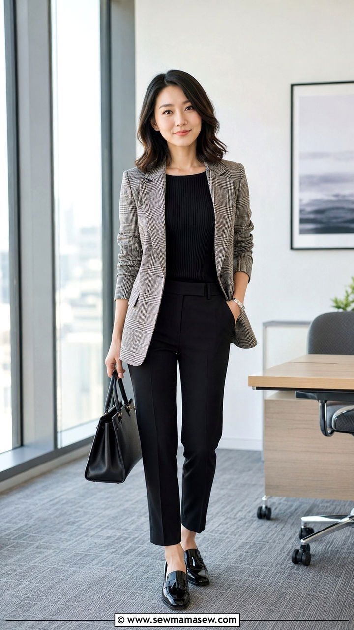 Petite work outfit with plaid blazer and slim black trousers - 25 Petite work capsule wardrobe