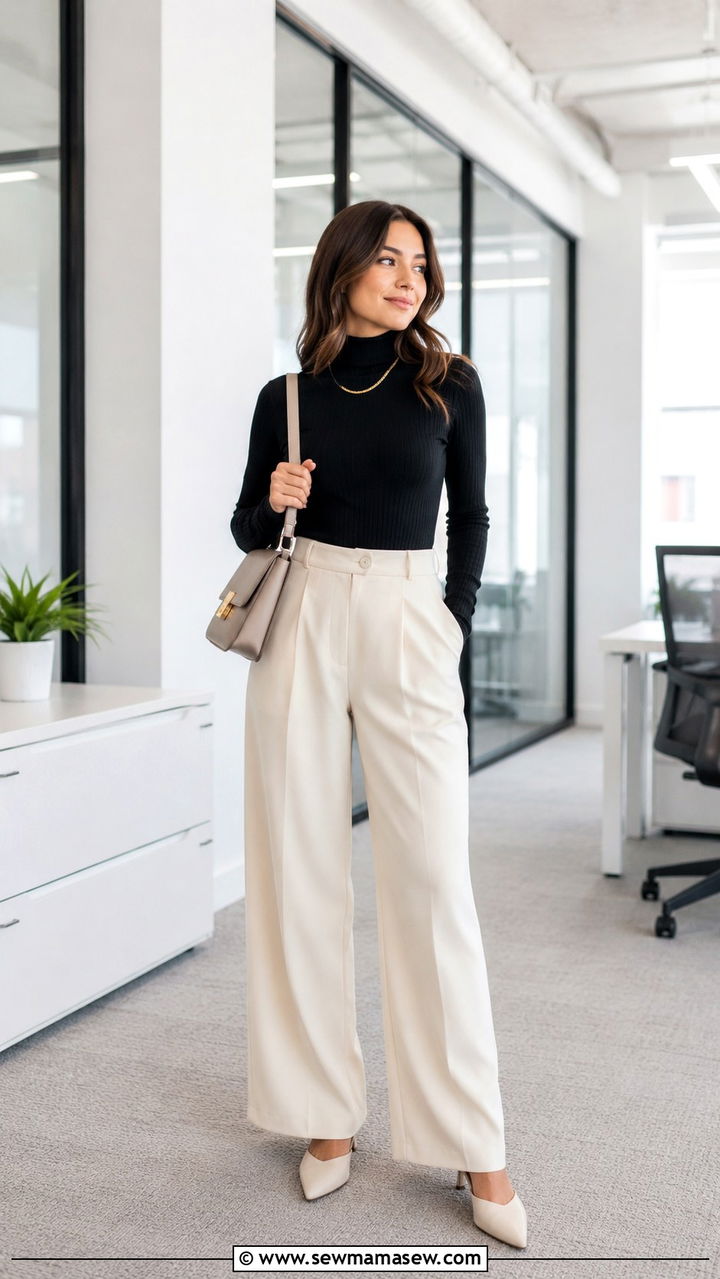 Petite work outfit with turtleneck bodysuit and high waist wide leg pants - 25 Petite work capsule wardrobe