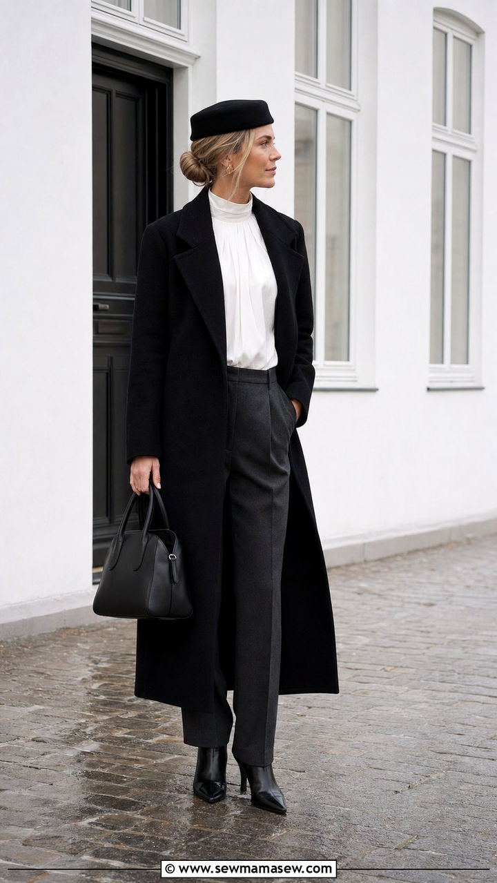 Pillbox Hat Paired with a Long Black Wool Coat - 25 Copenhagen outfits 2026