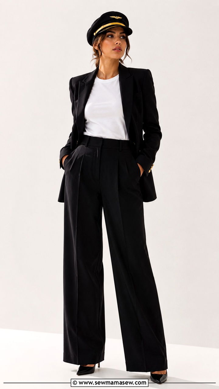 Pilot Cap With Structured Blazer and Wide Leg Trousers - 25 Pilot outfit ideas