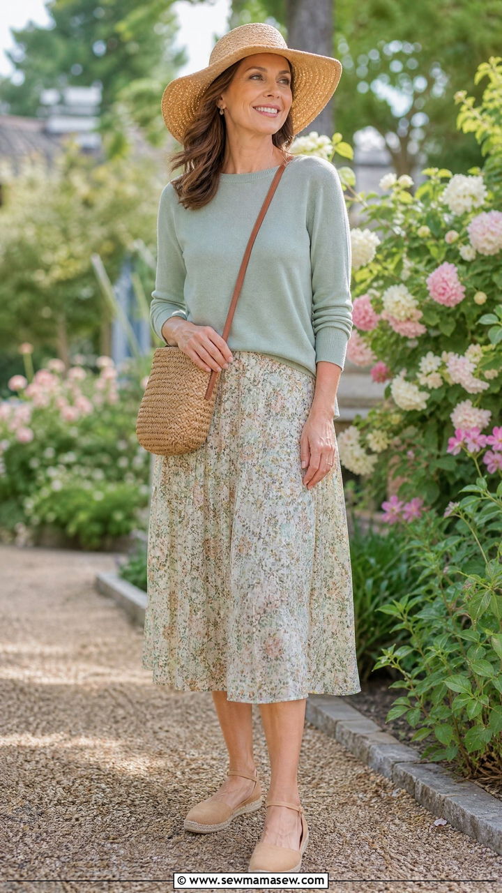 Pima Cotton Sweater and Printed Midi Skirt - 30 coastal grandmother outfit ideas for women over 40