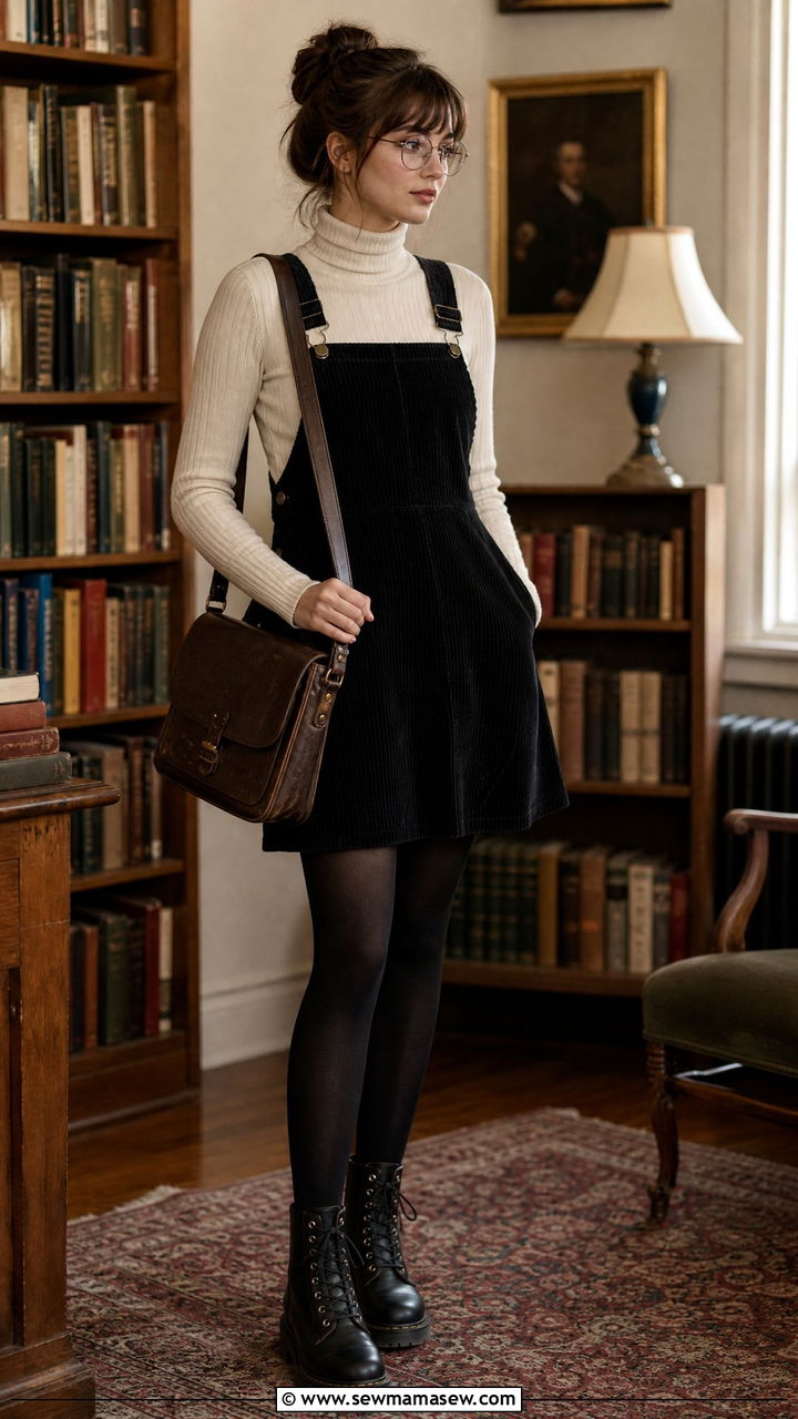 Pinafore Dress Layered Over A Turtleneck - 25 classy librarian core outfits