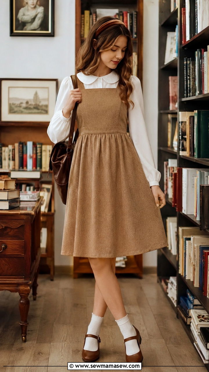 Pinafore Dress Layered over a White Blouse - 30 light academia outfits to copy